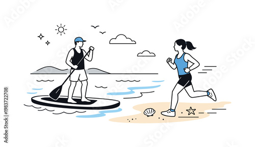 Paddleboarding and Coastal Fitness. A person balancing on a paddleboard while another jogs along the beach, creating a calm sporty lifestyle scene by the sea.