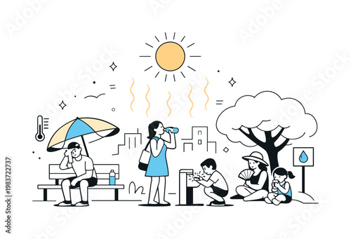 Heatwave impact. A city scene with bright sun overhead, warm air lines, and people seeking shade and water in a calm, simplified way. The illustration captures