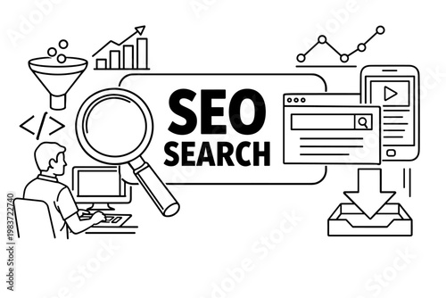Search Engine Options. Clean outline line art banner scene of an SEO marketing workspace with analyst at computer, oversized magnifying glass and browser
