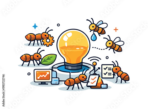 Colony intelligence built around a compact cluster of insects or small animals working together around a shared central resource. The image