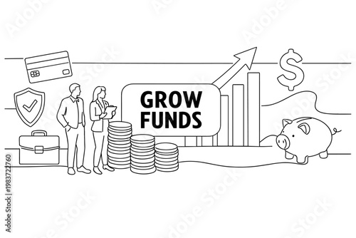 Investment Growth Finance. Clean one-line drawing banner scene of two investors studying an oversized coin stack and giant rising chart, linework reaching all
