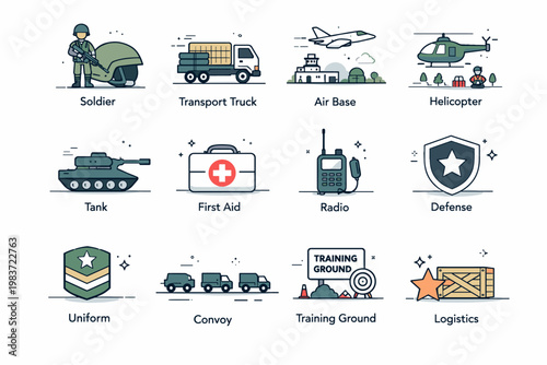 Military Service Symbols. Defense forces, transport vehicles, aviation, uniforms, field support and military organization. minimalist editorial vector scenes: