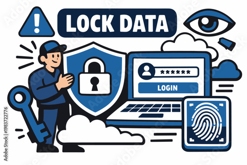 Cyber Security Series flat vector digital illustration, doodle flat, thick outline, expressive characters, simple shapes, playful proportions, exaggerated