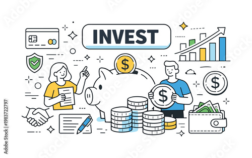 Investment Finance Outline Icons. Investment and wealth planning editorial banner with geometric characters beside an oversized piggy bank and large coin stack