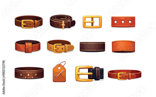 Leather Belts. Colorful flat vector icons set of Leather Belts: classic leather belt, rolled belt coil, belt buckle metal, punched belt holes, belt loop