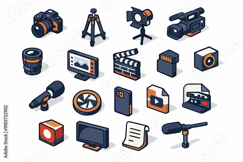 Photography Studio Tools Photography Studio Tools collection of isometric vector icons showing camera, tripod, spotlight, video camcorder, lens, microphone, SD