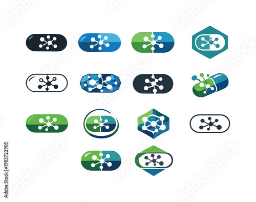 Nanotechnology in medicine. Icon set. Set Logo of Nanotechnology in medicine: nano capsule drug. harmonious logo variations of the same emblematic concept,