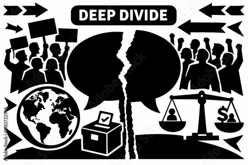 Social Polarization Divide. Clean solid/filled composition of a social division scene with two opposing groups, oversized broken speech bubble and split