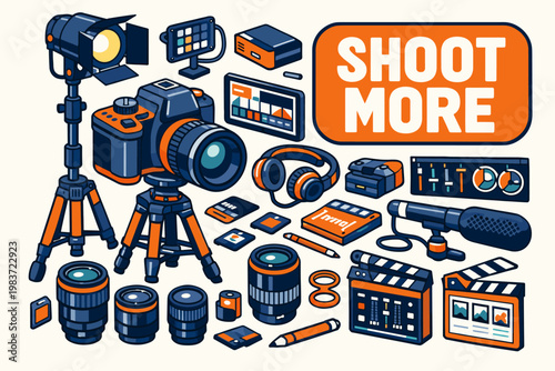 Photography Studio Tools Photography Studio Tools clean focused isometric composition with oversized camera and tripod beside spotlight rig, a few lens cards