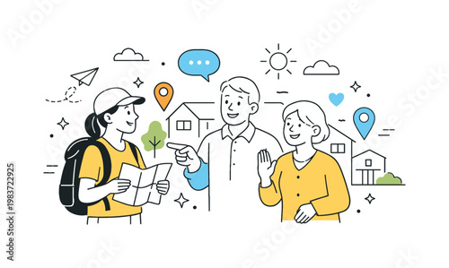 Integration into a New Community. A newcomer meeting local residents, sharing directions, conversation, or a welcome gesture in a friendly neighborhood scene.