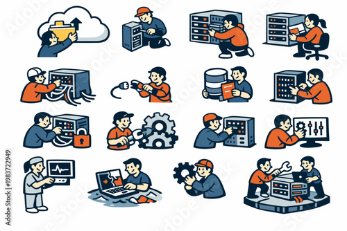 Recovery Restore Stories flat vector digital illustration, doodle flat, thick outline, expressive characters, simple shapes, playful proportions, exaggerated