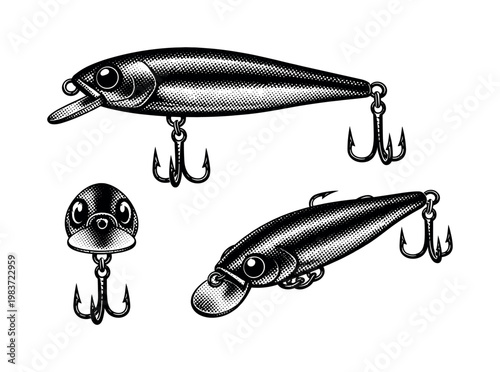 Fishing lure A detailed fishing lure shown as a single object in three angles emphasizing hooks, body texture, and reflective surface with realistic
