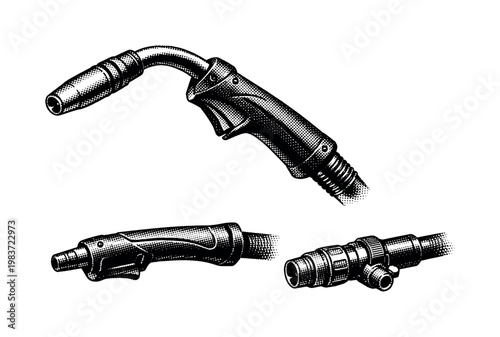 Electrode holder A welding electrode holder depicted as a single object in three angles showing clamping jaws, insulated handle, and cable connection with