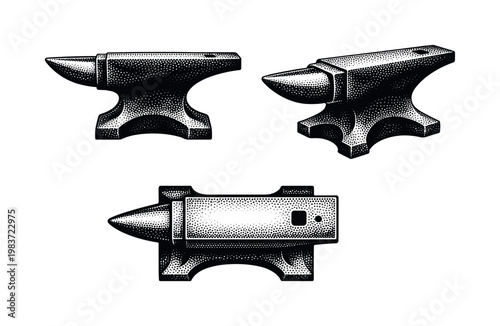 Forging tools anvil shown as the same blacksmith anvil in side view, three-quarter view, and top view, isolated with realistic proportions and clear mass.