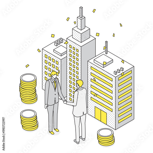 高層ビル街で握手するビジネスマンと不動産取引のアイソメトリック線画イラスト