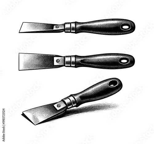Rasps and scrapers bearing scraper shown as the same engineering hand scraper in side view, top view, and angled resting position, isolated with realistic