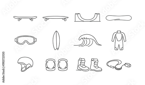 Snowboarding Adventure. Minimalistic set one-line drawing [snowboard, mountain peak, ski lift, pine tree, snowflake, helmet, goggles, snowboard boot, glove,