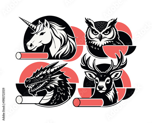Fantasy animals, arranged with overlapping semicircles, thin contours, cylinders, and bold cut-out geometric layers, black-and-white animal portraits with