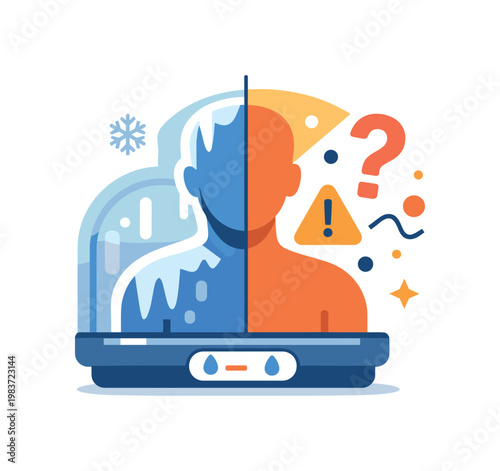Scientific uncertainty in cryonics capturing the unknown outcomes of freezing human bodies, a split scene with half-frozen figure and half-abstract particles