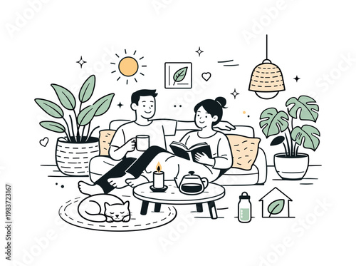 Eco-friendly home comfort. A family or couple relaxing at home surrounded by plants and natural textures, expressing warmth and sustainable comfort. The scene