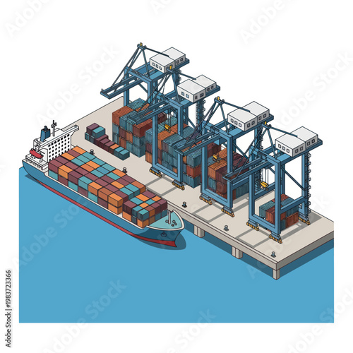 Isometric Illustration of a Cargo Ship at a Port Terminal.