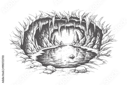 Hand drawn cave entrance with stalactites and still water rock stone