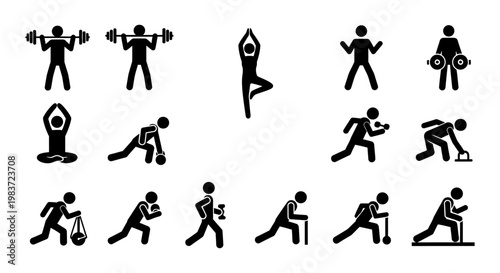 diverse exercise and fitness stick figure icons showcasing various workouts including weightlifting yoga and running for a healthy lifestyle.