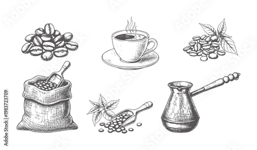 Hand drawn coffee beans cup cezve and burlap sack with scoop saucer steam