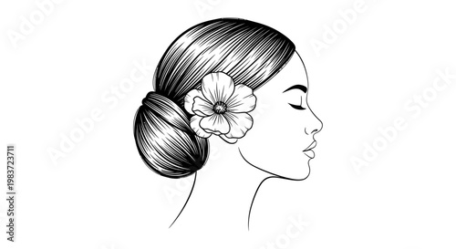 elegant womans profile with closed eyes hair in a bun and a flower symbolizing natural beauty peace and mindfulness