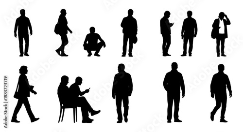 diverse people silhouettes in various poses for graphic design and architectural renderings depicting everyday human activity