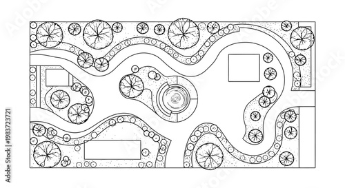 top-down landscape design blueprint of a modern garden with winding paths and water feature