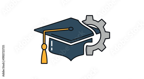 education and industry connection icon featuring a graduation cap and a gear representing academic learning for practical skills development.