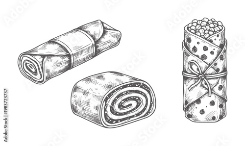 Hand drawn food rolls and wrap with filling and tie