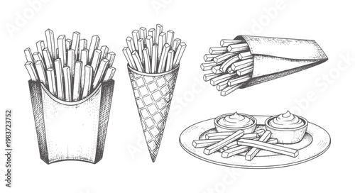 Hand drawn french fries in various containers with dipping sauces potato food snack