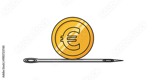 golden euro coin balanced on a silver sewing needle symbolizing financial stability and economic risk a delicate market concept