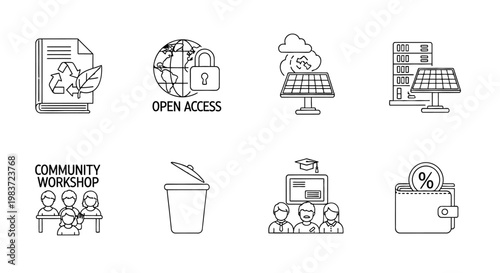 line art icons illustrating sustainability open access education and technology perfect for business finance and community workshop projects.