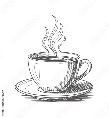 Hand drawn of a steaming cup of coffee a saucer