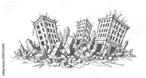 Of a city skyline destroyed by earthquake with crumbling buildings and debris