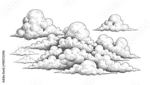Of cumulus clouds in a vintage engraving style monochrome