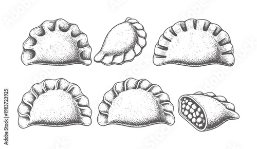 Six hand drawn pierogi dumplings in various poses and one cut open food vintage monochrome