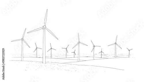 Stylized line of a wind farm with multiple turbines rolling hills energy power