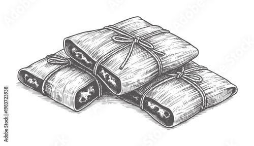 Three tamales wrapped in corn husks tied with string in a style food wrapping