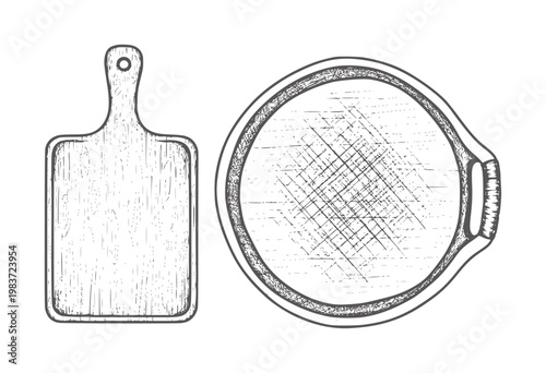 Two hand drawn kitchen cutting boards one rectangular and one round wood texture