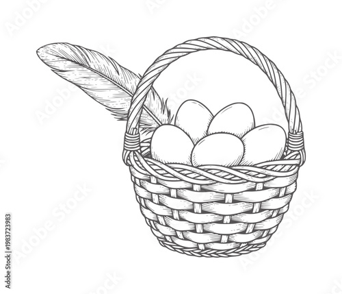 Woven basket filled with eggs and a feather wicker
