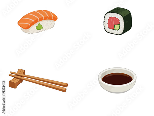 Sushi rolls and sashimi served with soy sauce and chopsticks