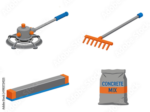 Construction workers use protective gear with tools and concrete mix on site