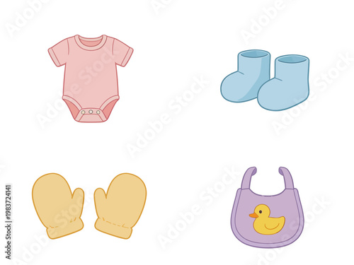 Baby bath time with rubber ducky toy and clothing items