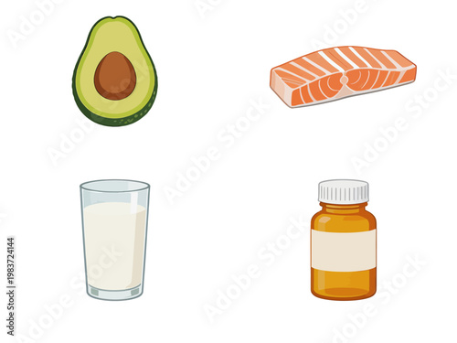 Illustration of avocado salmon milk glass and bottle on white
