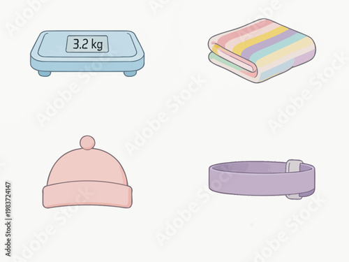 Newborn baby items including a scale and hat on a table