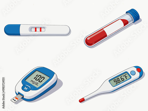 Medical devices for health monitoring are displayed on a table indoors